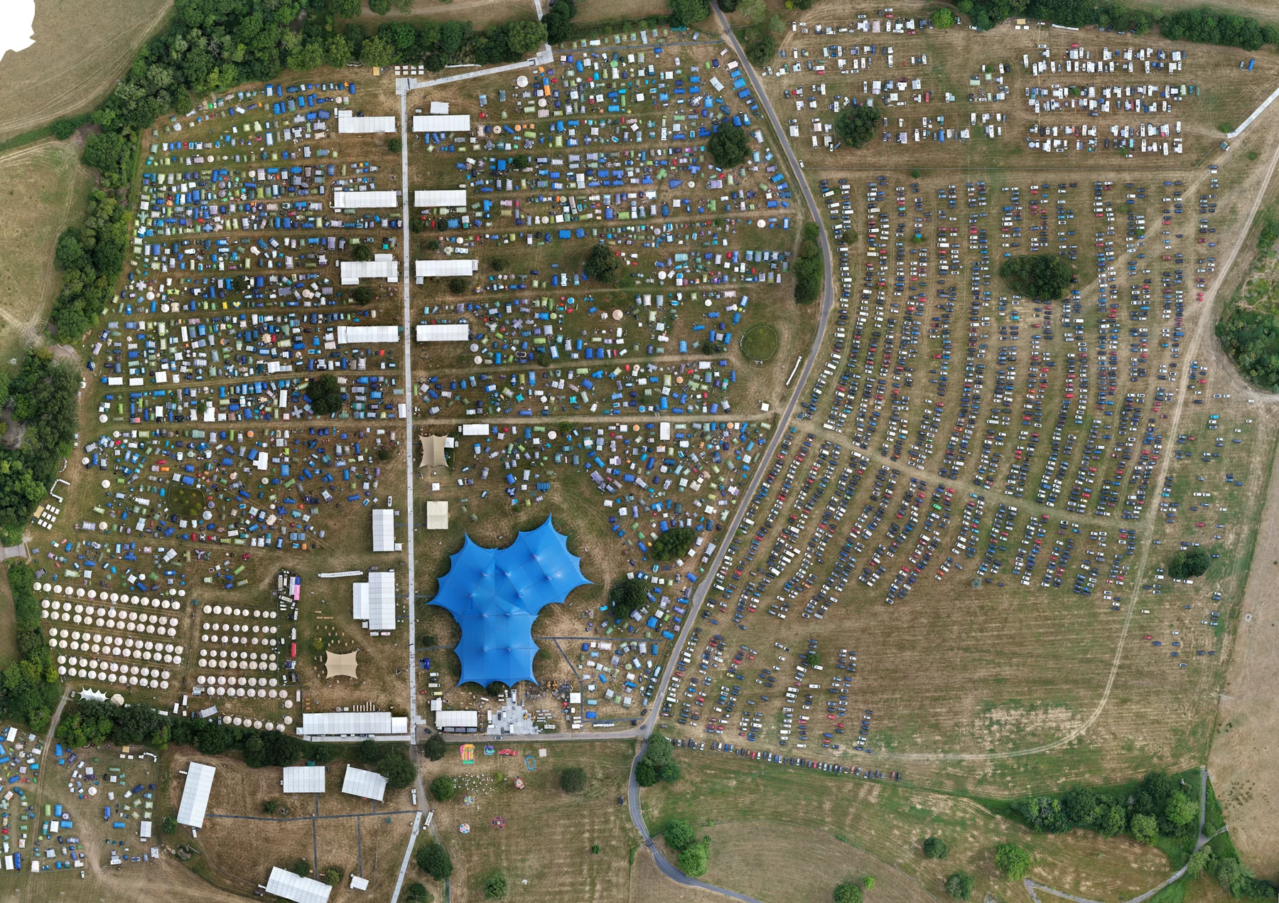 Aerial survey of the Wildfires 2026 festival site, showing camping, parking and temporary venues
